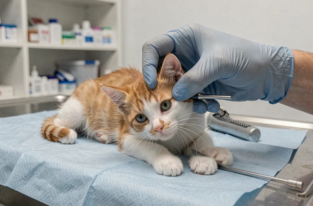 Vétérinaire examinant l'œil d'un chaton pour diagnostiquer un ulcère cornéen