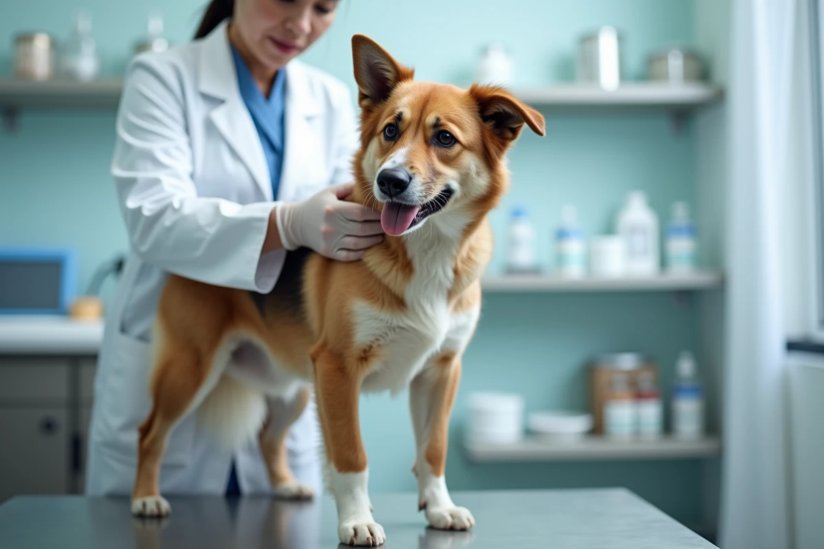 Vétérinaire examinant la peau et le pelage d'un chien en clinique pour détecter les puces