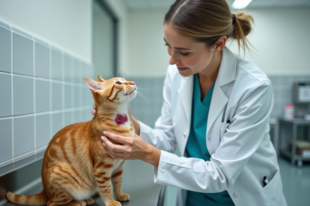 Vétérinaire examinant un chat roux avec une plaie léchée sur le cou lors d'une consultation clinique