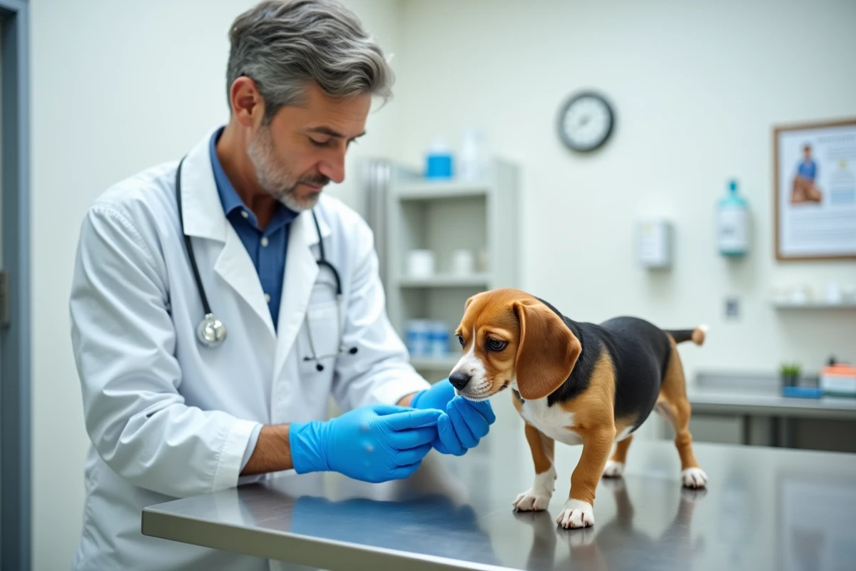 Vétérinaire examinant un beagle sur une table d'auscultation dans une clinique vétérinaire