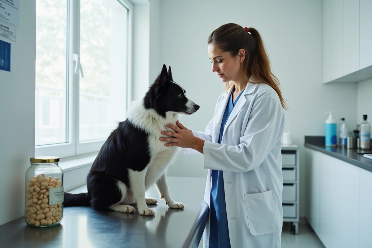 Vétérinaire examinant un Border Collie en consultation après ingestion de pâte crue dans une clinique vétérinaire