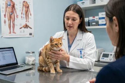 Vétérinaire expliquant un traitement antiparasitaire à base de comprimé à la propriétaire d'un chat roux sur une table d'examen en clinique vétérinaire