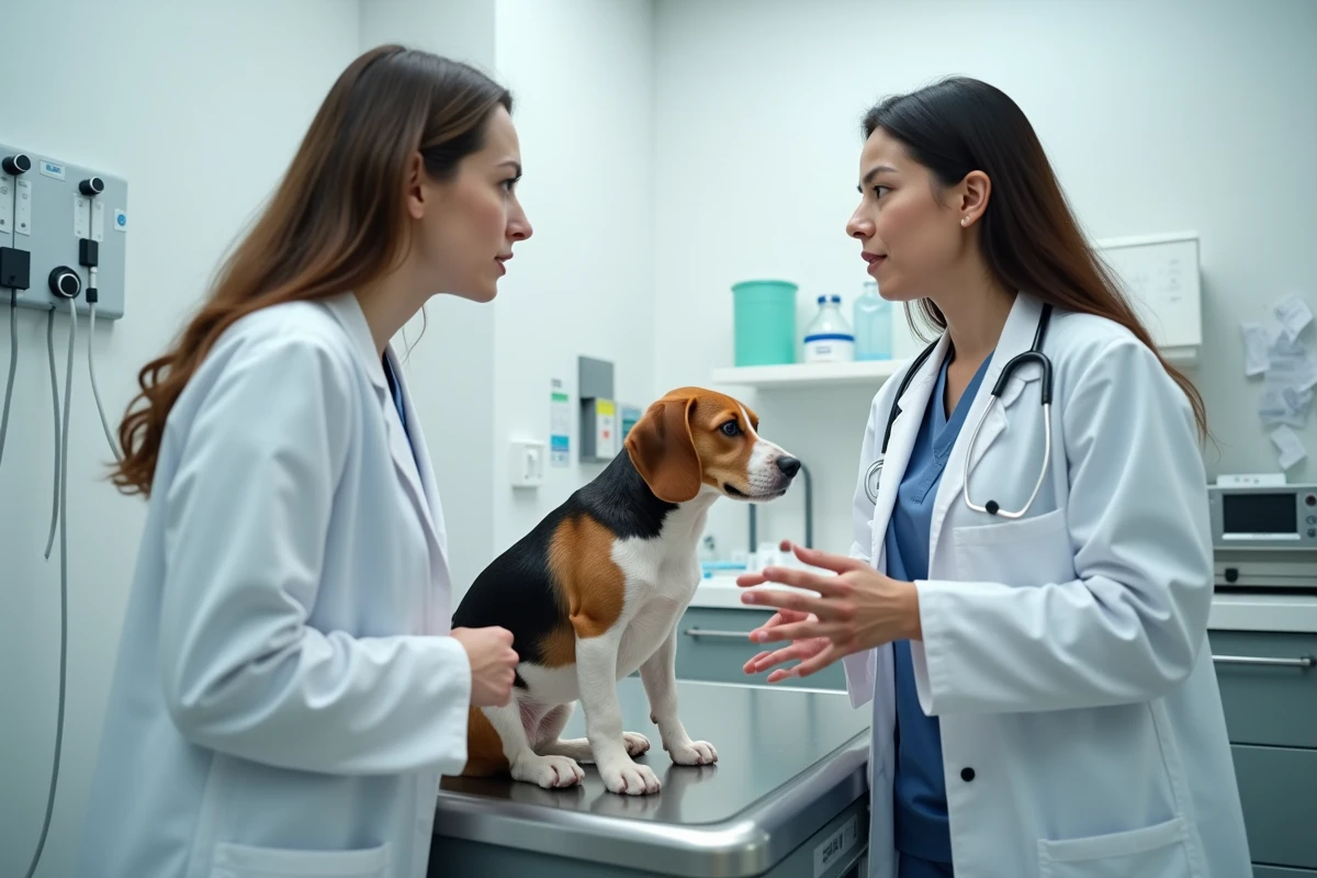 Vétérinaire expliquant le comportement de montage d'un chien beagle à son propriétaire en clinique