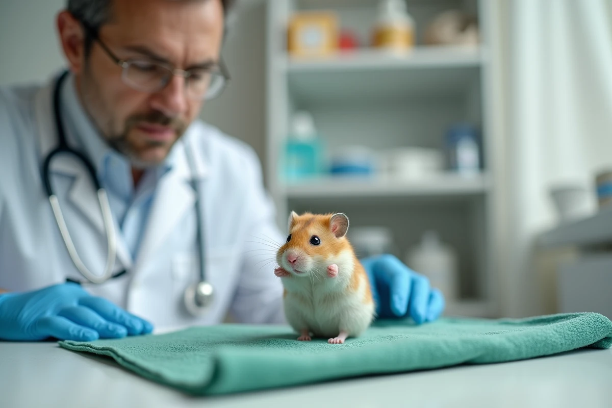 Vétérinaire examinant un hamster russe âgé sur une table de consultation, illustrant le suivi médical en fin de vie
