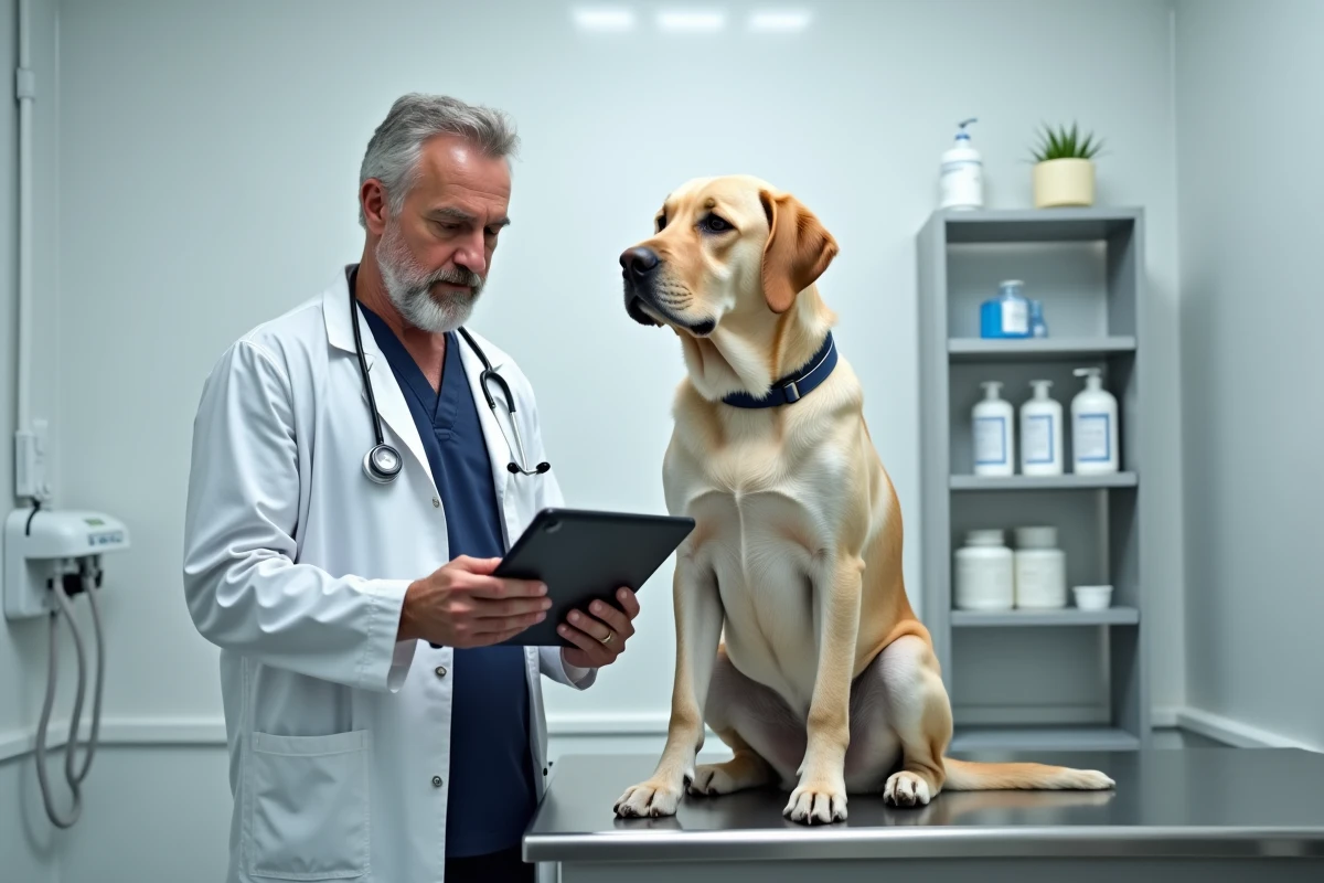 Vétérinaire examinant un labrador âgé dans une clinique vétérinaire moderne, contexte de remboursement d'assurance pour traitement Librela