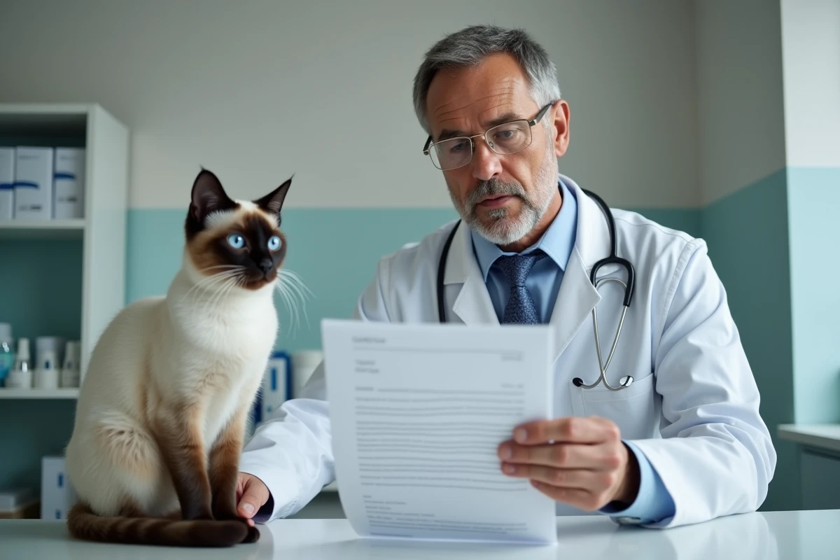 Vétérinaire consultant un certificat de pedigree à côté d'un chat siamois de race pure en clinique vétérinaire