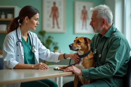 Vétérinaire discutant avec un propriétaire d'une décision difficile concernant son chien dans une clinique vétérinaire
