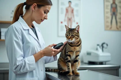 Vétérinaire scannant la puce électronique d'un chat tigré sur une table d'examen en clinique vétérinaire