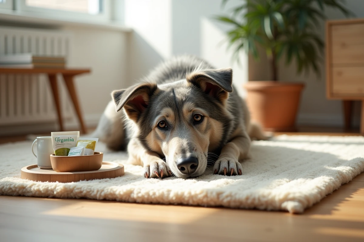 Vieux chien paisible sur une couverture en laine avec des compléments naturels pour animaux âgés