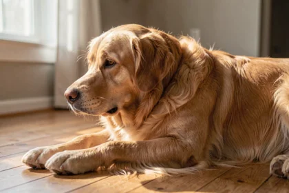 Vieux chien golden retriever allongé au calme dans la lumière du matin