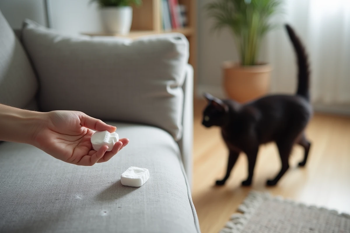 Main posant des cotons imbibés de vinaigre blanc près d'un canapé gris pour éloigner un chat noir dans un salon moderne