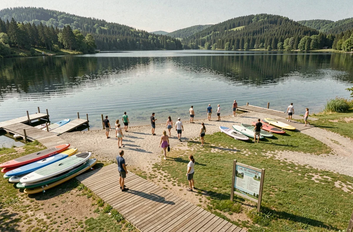 Vue panoramique de la zone de loisirs et des activités nautiques au lac de Vassivière parc Aplouf